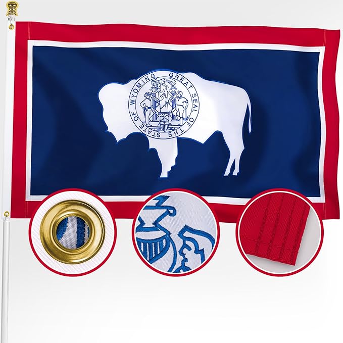 XIFAN Premium Wyoming State Flag 3x5 ft Outdoor, Double Sided Embroidered Bison, Heavy Duty 210D Nylon WY Flags, the Strongest Longest Lasting for Outside with Sewn Stripes/Brass Grommets