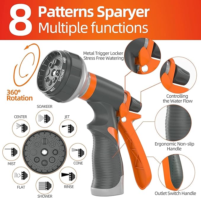 SPECILITE Garden Water Hose 50 ft x 3/4 in Heavy Duty, Flexible and Lightweight, Burst 600 psi, Kink-less Hybrid Rubber Pipe for Backyard, 3/4'' Brass Fittings, Orange