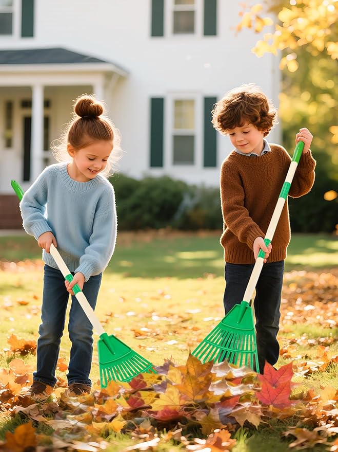 Acostop 2 Pcs Kids Rakes with Wood Handle - 34" Lightweight Plastic Garden Rake for Leaves, Safe to Use Kid Yard Tools for Boys Girls Fall Gardening Gifts (Green)