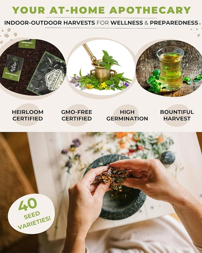Tactiko Survival 40 Medicinal and Tea Herb Seeds Variety Pack, Indoor and Outdoor Herb Garden Kit, USA Grown Heirloom Non-GMO, Herbal Apothecary for Teas, Resealable Mylar for Long-Term Storage