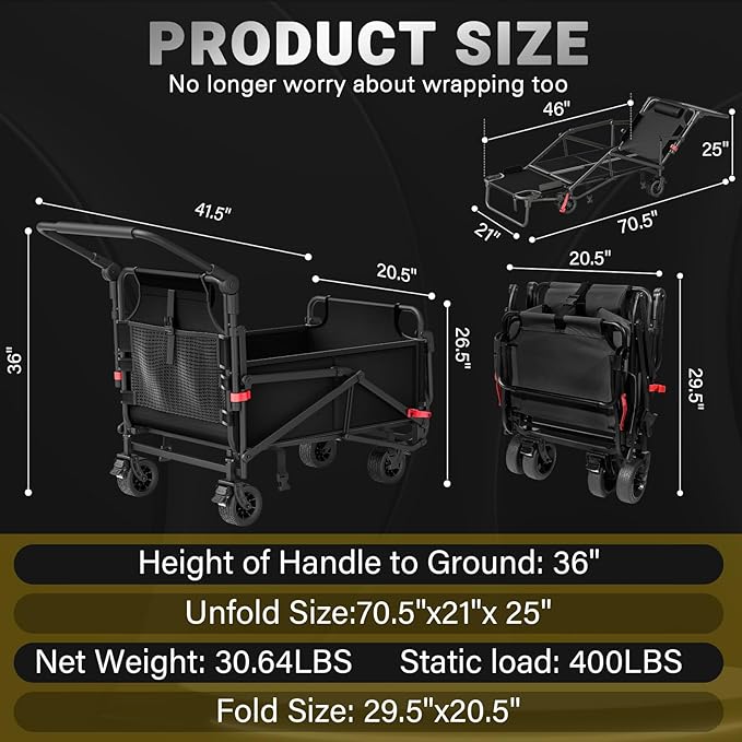 LEVELEVE Heavy Duty Folding Wagon - 2-in-1 Collapsible Cart, 400lb Capacity, All-Terrain Wheels w/Brakes & Side Pockets (Black)