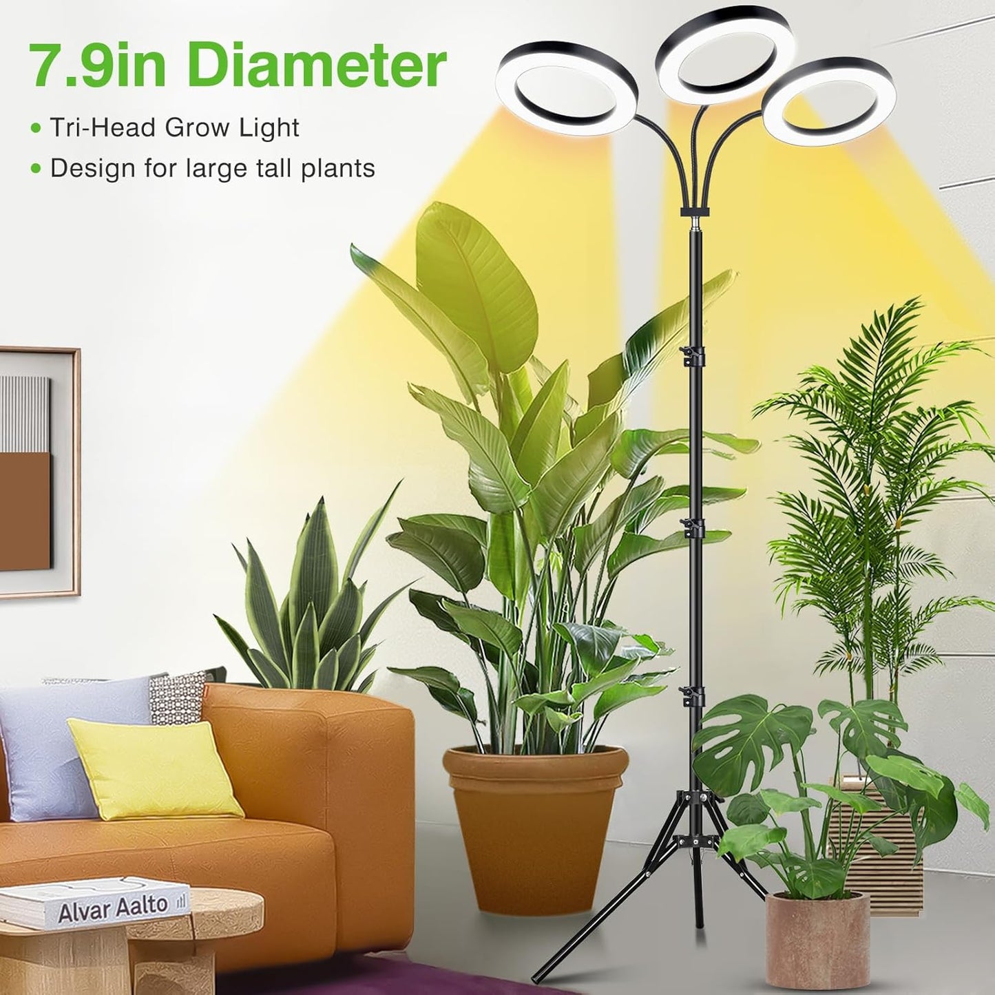 LORDEM Grow Light for Indoor Plants, 7.9" Diameter Tri-Head Plant Light for Plants Growing, Full Spectrum Growth Lamp with Auto Timer 3/6/12H, 4 Dimmable Levels, 3 Lighting Modes, Adjustable Stand