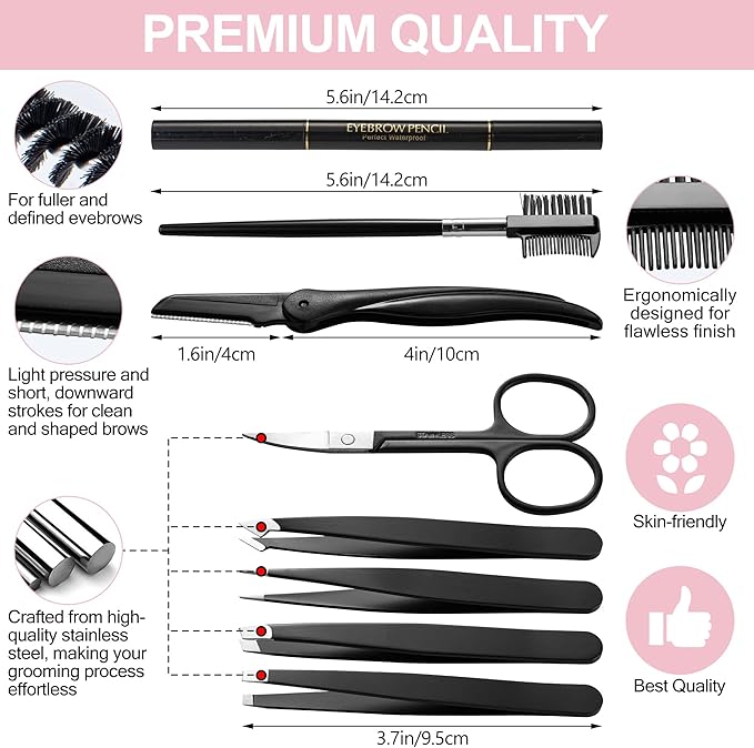 Eyebrow Trimmer 8-Pack - Eyebrow Tweezers Set - Eyebrow Shaping Kit for Women & Men With Razor, Brush With Comb, Pencil, and Scissors in Padded Case