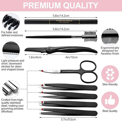Eyebrow Trimmer 8-Pack - Eyebrow Tweezers Set - Eyebrow Shaping Kit for Women & Men With Razor, Brush With Comb, Pencil, and Scissors in Padded Case