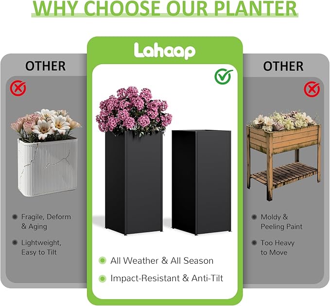 Set of 4 Planter Box Outdoor 30" H x 14.4" W x 13.6" D- Tall Planters for Outdoor Patio/Porch, All-Weather with Anti-Dumping Kit, Durable Galvanized Steel, Modern Design for Plants, Flower