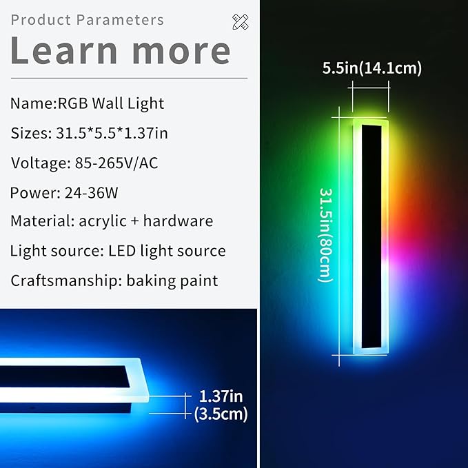 Widened 2 Pack Modern Outdoor Wall Sconces, 31.4inch RGB Dimmable LED Lights, IP65 Waterproof, 10 Colors, 5 Modes, Black Linear Exterior Lighting for Patio, Yard, Garage with Remote Control
