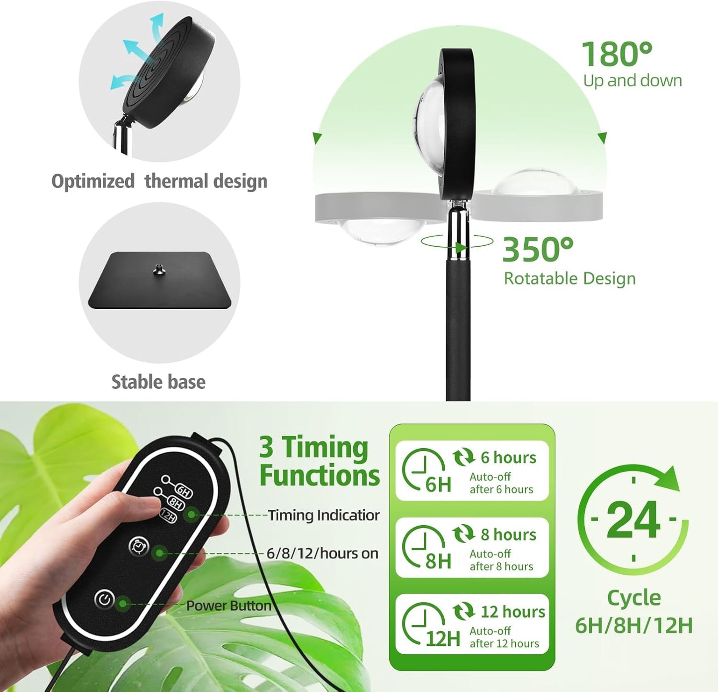 20WFull Spectrum Grow Light, 3000LM High-CRI COB LED Floor Lamp with 6/8/12H Timer, Adjustable Height (28"-83") & Angle, Grow Lights for Indoor Plants, Succulents & Flowers (daylight 6000K)