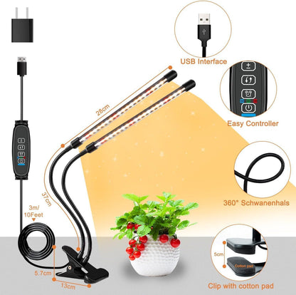 Full Spectrum Dual Heads Clip Grow Lights for Indoor Plants with 3/9/12H Timer Dimmer and 10 feet Cables for Plant Growing(Adapter Included)