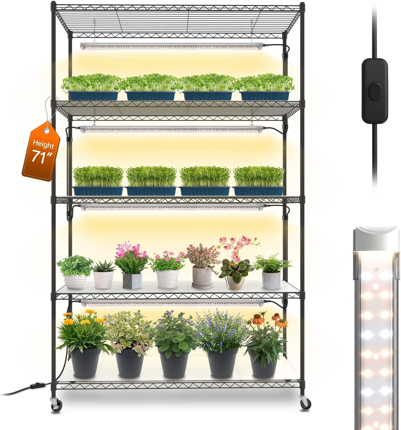 Bstrip Plant Shelf with Grow Light, 5 Tier Large Tall Plant Stand with 3FT T8 120W Grow Light for Indoor Plants, Full Spectrum LED Plant Light with wheel for Seedling, (47.2" Lx17.8 Wx71 H)