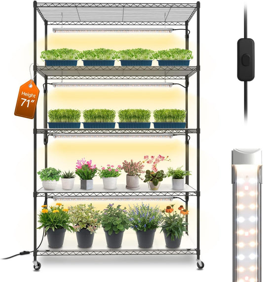 Bstrip Plant Shelf with Grow Light, 5 Tier Large Tall Plant Stand with 3FT T8 120W Grow Light for Indoor Plants, Full Spectrum LED Plant Light with wheel for Seedling, (47.2" Lx17.8 Wx71 H)