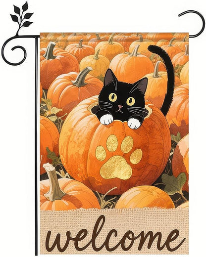 Thanksgiving Fall Garden Flag 12x18 Inch Welcome Black Cat Flag Double Sided Outdoor Autumn Yard Banner with Pumpkins and Paw Print for Porch Lawn Patio Seasonal Decor