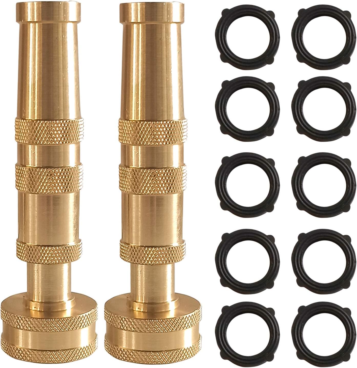 Hourleey Adjustable Twist Hose Nozzle, 4" Heavy-Duty Brass Hose Nozzle with 10 Garden Hose Rubber Washers, 2 Pack