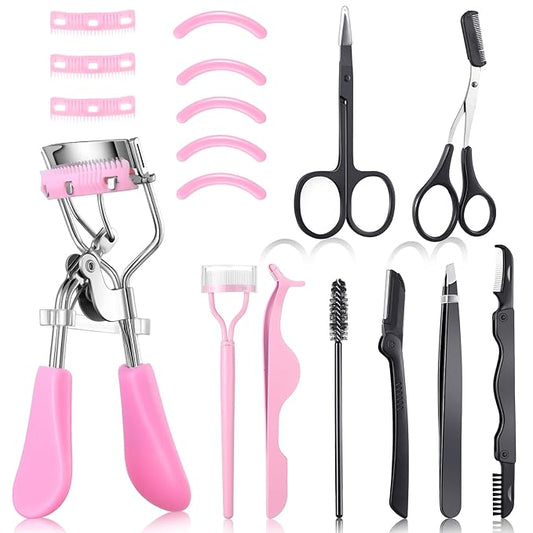 17 Pcs Eyelash Curlers Kit Lash Curler Eyelash Comb Seperator Extension Tweezers Eyebrow Brush Scissors False Eyelashes Applicator Eyebrow Trimmer Silicone Refills Pads for Women(Pink)