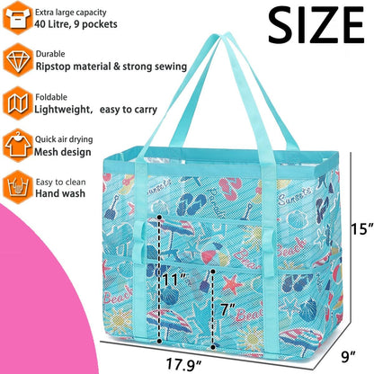 Mesh Beach Bag, Large Beach Tote with Zipper Pocket for Family Pool Bag for Toys & Vacation Essentials
