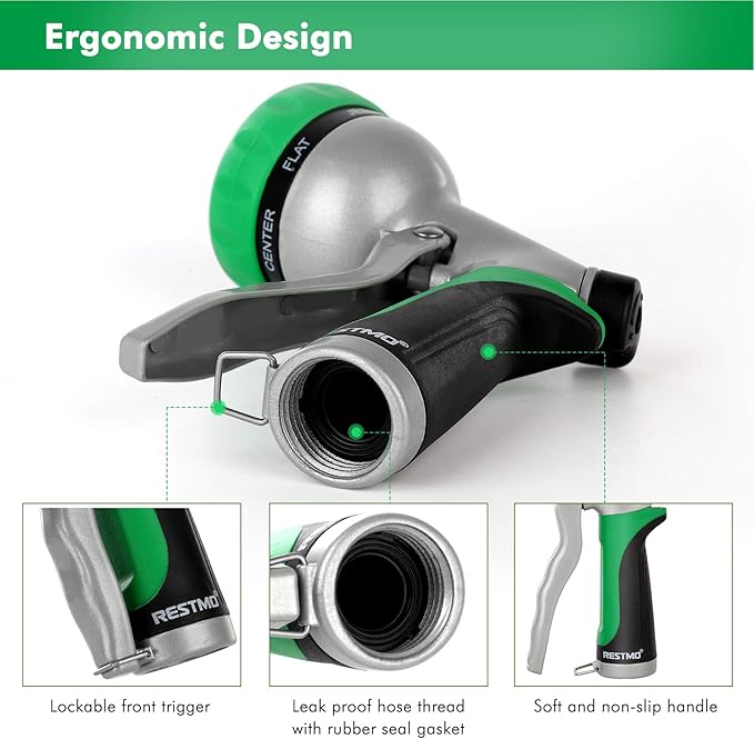 RESTMO Garden Hose Nozzle, Heavy Duty Metal Water Hose Nozzle with 7 Adjustable Spray Patterns, High Pressure Hand Sprayer with Flow Control for Watering Plants & Lawns, Washing Cars & Pets
