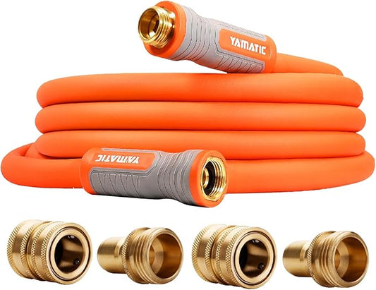 YAMATIC Garden Hose 5/8 in x 15 ft, Ergonomic Swivel Fittings, Burst 600 PSI, Heavy Duty, Flexible and Lightweight Water Hose with 2 Set Quick Connect