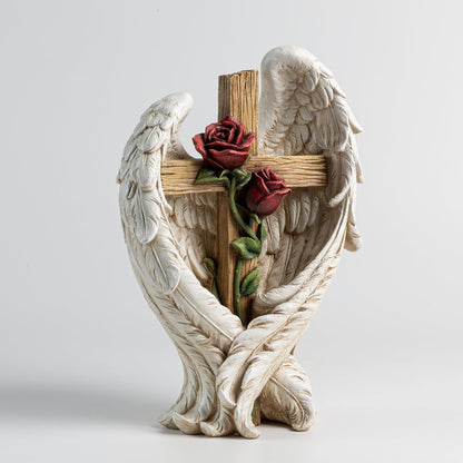 12" Angel Wings Embracing Cross and Rose Garden Statue Memorial Statue for Beloved one