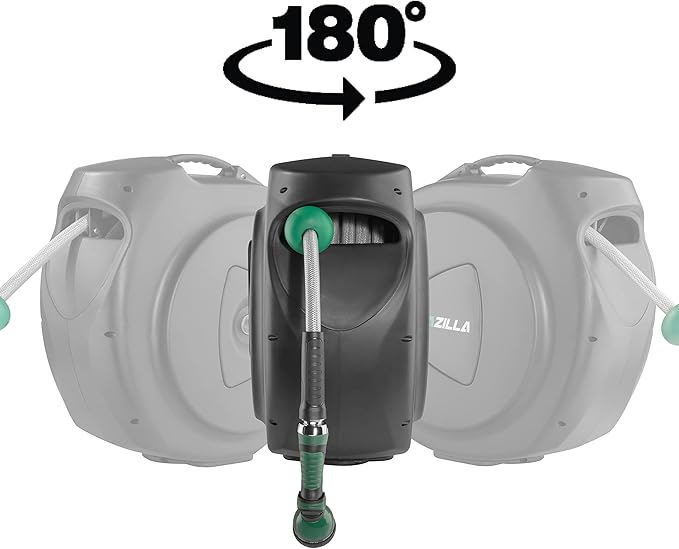 Retractable Garden Hose Reel, 65FT +6FT 5/8" Durable Wall Mounted Water Hose Reel with 180° Swivel Bracket, 9 Pattern Sprayer, 6Ft leader hose,Smooth Automatic Rewind, Any Length Lock.