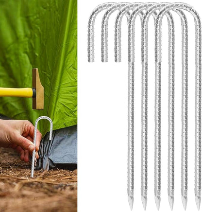 Rebar Stakes 12inx6mm Galvanized J Hook 6pcs – Heavy Duty Ground Tent Stakes for Fence,Bounce House,Outdoor Plants,Artificial Turf,Dog Coop,Metal Stakes for Christmas Decorations