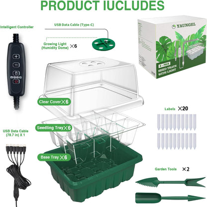 YAUNGEL Seed Starter Tray with Grow Light, 6 Pack Seed Starter Kit with Timing Controller Adjustable Brightness, Thicken Seedling Starter Trays with Humidity Domes Heightened Lids, Gift Box