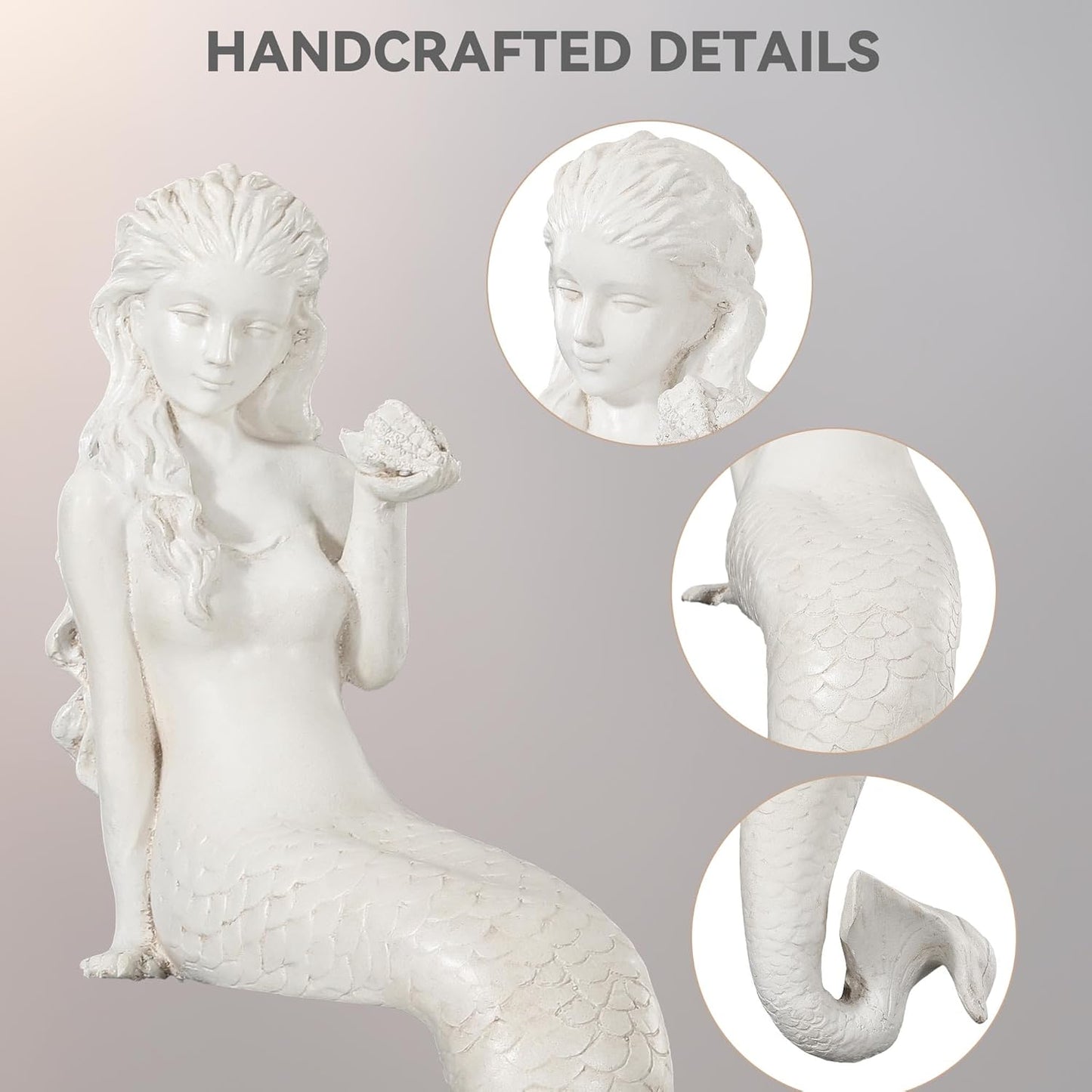 Mermaid Statue for Outdoor Garden,25.6Inch Large Weather-Resistant Sculpture for Yard & Patio Decor, Made of Durable Magnesium Oxide Stone in Antique White