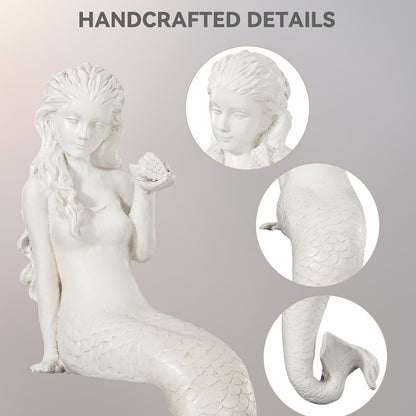 Mermaid Statue for Outdoor Garden,25.6Inch Large Weather-Resistant Sculpture for Yard & Patio Decor, Made of Durable Magnesium Oxide Stone in Antique White