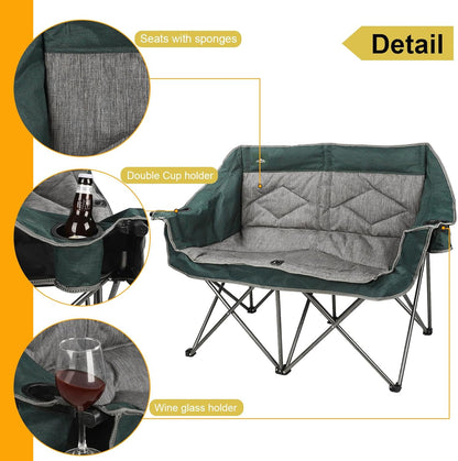 Northroad Folding Loveseat Camping Chair Portable Double Duo Full Padded Garden Chair for 2 Person Sofa w/ 2 Cup Holder,Wine Glass Holder,Mesh Storage,Support 600lbs for Picnic Beach Travel