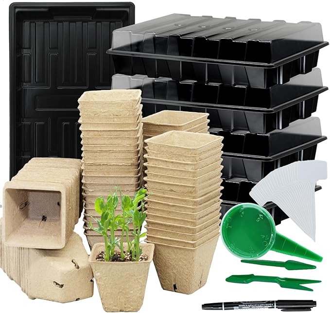 Seed Starter Kit with 100 Peat Pots for Seedlings Seed Starter Tray, Including 100 Square Biodegradable Seed Starter Pods, 5 Plastic Growing Trays with Water Strainer& 20 Plant Labels