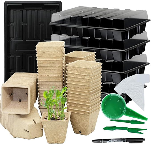Seed Starter Kit with 100 Peat Pots for Seedlings Seed Starter Tray, Including 100 Square Biodegradable Seed Starter Pods, 5 Plastic Growing Trays with Water Strainer& 20 Plant Labels