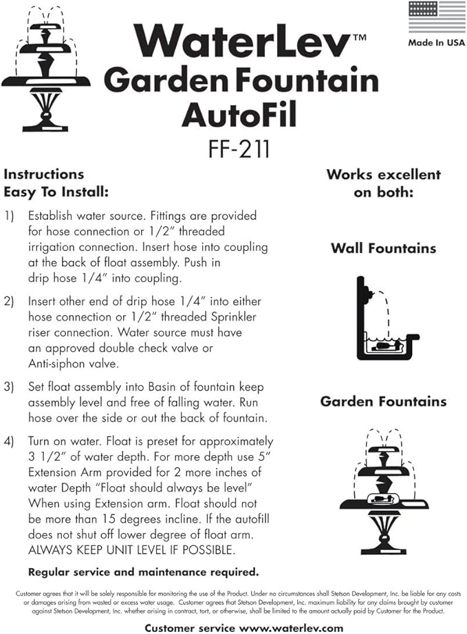 Sunnydaze Water Auto Fill System for Outdoor Fountains, Automatically Maintains Water Levels in Fountain