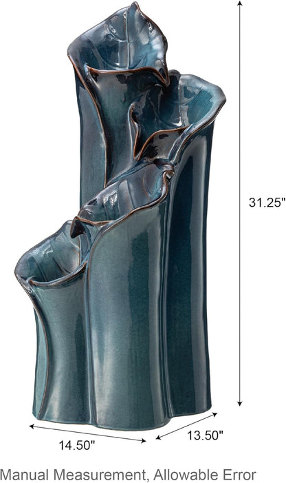 Glitzhome 31.25" H Outdoor Water Fountain with LED Lights and Pump, 4 Tier Turquoise Lotus Leaf Textured Ceramic Floor Standing Fountain, Vase Waterfall Fountains for Porch Deck Garden Patio Backyard