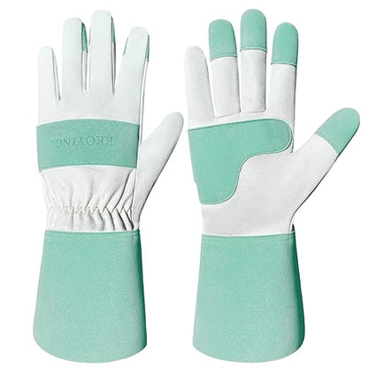 Gardening Gloves, Long Thorn Proof Garden Gloves for Women and Men, Goatskin Breathable Leather Work Gloves for Gardening, Pruning, Yard Work, Turquoise, L