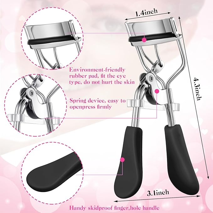 17 Pcs Eyelash Curlers Kit Lash Curler Eyelash Comb Seperator Extension Tweezers Eyebrow Brush Scissors False Eyelashes Applicator Eyebrow Trimmer Silicone Refills Pads for Women(Black)