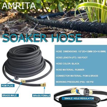 AMRITA Soaker Hose KIT,1/2inch 100ft Rubber Garden Hose 70% Water Saving,Black Heavy Duty Soaker Hose For Garden Lawn,Garden Raised Beds.(1/2-100FT)