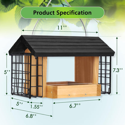 Hopper Bird Feeder for Outdoors Hanging, Wooden Bird Feeder with Double Suet Cage and Large Seed Capacity, Cedar Wood Suet Feeder with Weatherproof Roof, Garden Decoration