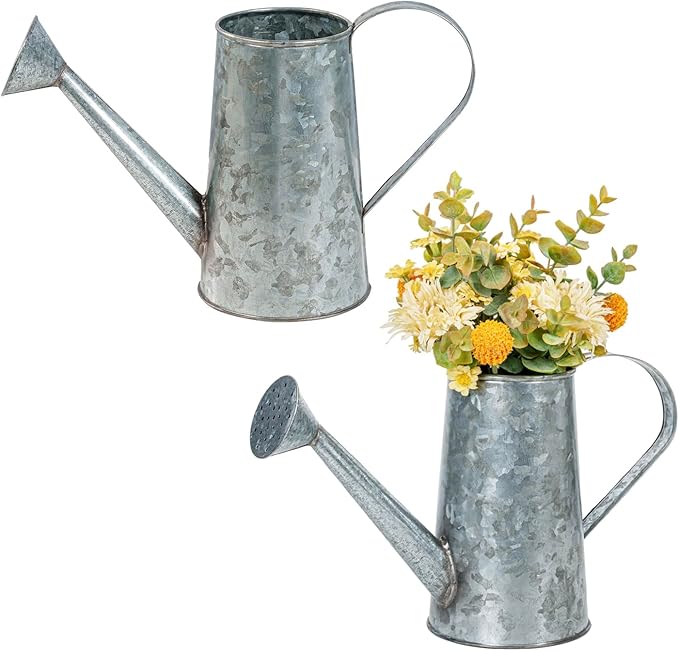 MyGift 5 Inch Small Rustic Galvanized Metal Decorative Vases in Vintage Style Watering Can Design for Dried Flowers and Artificial Plants, Set of 2 - Handcrafted in India
