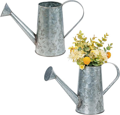 MyGift 5 Inch Small Rustic Galvanized Metal Decorative Vases in Vintage Style Watering Can Design for Dried Flowers and Artificial Plants, Set of 2 - Handcrafted in India