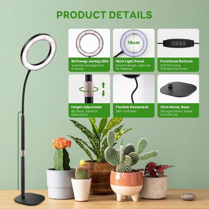 One Head Grow Lights for Indoor Plant Full Spectrum, Desk Halo Plant Lights for Indoor Growing with 3H/9H/12H Timer, 5 Dimmable Levels,Height Adjustable 9.4-23.6",Strong Metal Base Happy Light