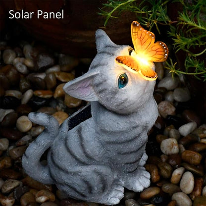 Solar Cat Garden Figurines Outdoor Decor Statue with LED Lights for Patio Balcony Yard Lawn Housewarming Gift for Garden Mom Grandma (Grey)