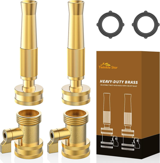 Twinkle Star Heavy-Duty Brass Adjustable Twist Hose Nozzle, High Pressure Hose Nozzle with On-Off Valve, Leakproof Operation 3/4" GHT Connector 4 Pack