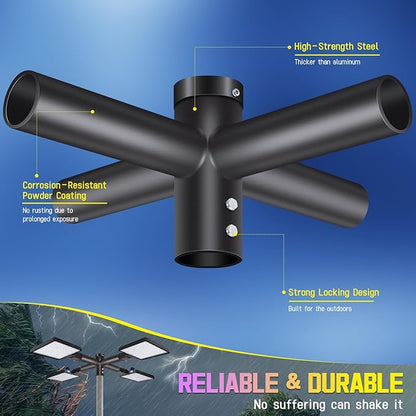 Quad 90° Mounting Bracket, with 2-3/8" 4 Light Arm Tenon Adapter Parking Lot Light Mount Horizontal Spoke Extension Bracket for Round Pole for Slip Fitter Street Floodlights Shoebox Lights
