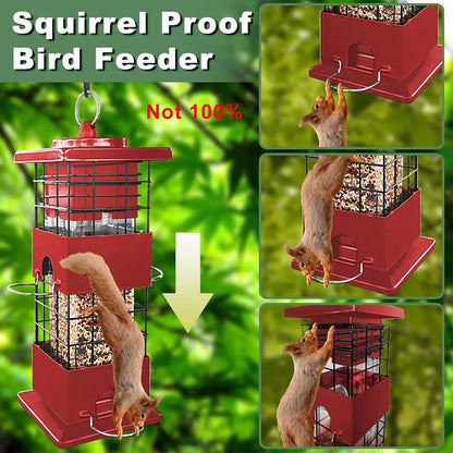 Squirrel Proof Bird Feeder,3Lbs Heavy Duty Metal Bird Feeders for Outdoors Hanging, Gravity-Close Door & Weatherproof Wild Birds Seed Feeder for Cardinal, Finch, Sparrow (Red)