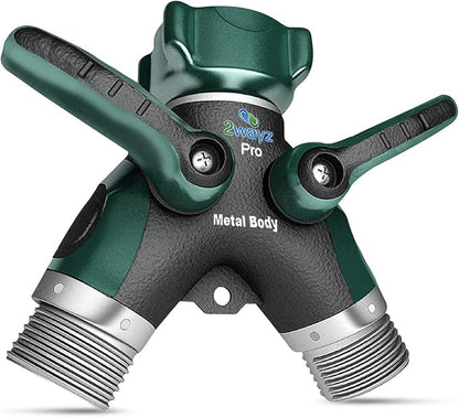 2WAYZ Hose Splitter 2 Way Heavy Duty Outdoor Faucet and Garden Connector - Water Spigot Splitter - Durable All-Metal Y Adapter with Shut-Off Valve - 4 x 4 x 1.5 Inches