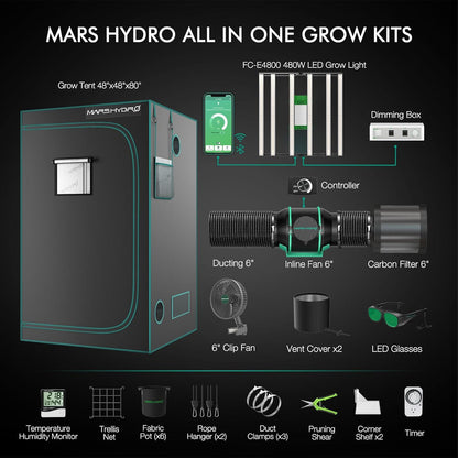 MARS HYDRO 4x4 Smart Grow Tent Kit Complete System,480W FC-E4800 APP WIFI Control Light 2646pcs LED,1680D High Reflective Mylar,with 6inch 32dB,402CFM Adjustable Ventilation Kit,10 Speed Grow Tent Fan