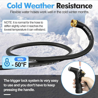 SPECILITE 3/4" Hot/Cold Garden Hose 75 ft with Industrial High Pressure Nozzle, Flexible & Lightweight, 600psi Burst Rubber Water hose -50℉-158℉ With 3/4" Brass Fittings for Yard, Black