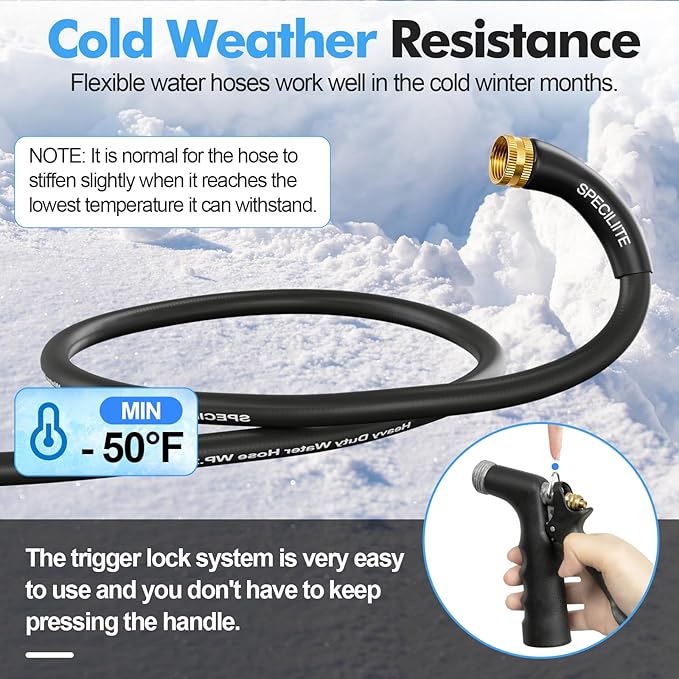 SPECILITE 3/4" Hot/Cold Garden Hose 100 ft with Industrial High Pressure Nozzle, Flexible & Lightweight, 600psi Burst Rubber Water hose -50℉-158℉ With 3/4" Brass Fittings for Yard, Black