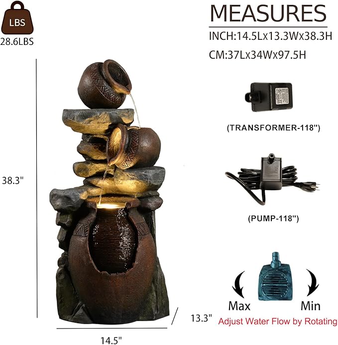 Outdoor Garden Water Fountain for Garden, Patio, Backyard, Deck, Porch and Home Art Decor, 3 Tiers Modern Cascading Outdoor Fountain with Lights 38.4" H