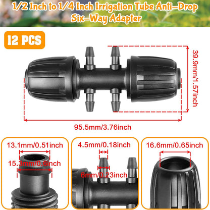 Drip Irrigation Fittings for 1/2 Inch to 1/4 Inch Tubing Reducing Tee：1/2" (1/2" ID x 0.65" OD) to 1/4" Anti-Drop Locked Nut Barbed Reducer 6 Way Tee Connectors (12 Pack)