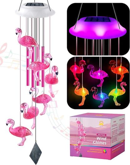 Solar Flamingo Wind Chimes, Flamingo Gifts for Women/mom/her, Glowing Top Changing Colors LED Wind Chimes for Outside, Outdoor Decoration Light for Garden Yard(Pink)