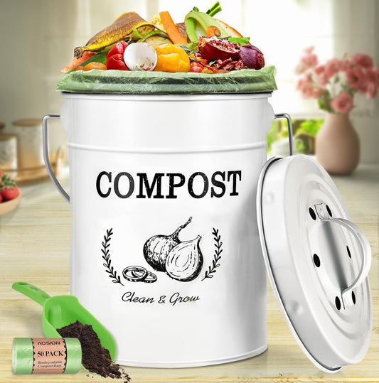 AOSION Countertop Compost Bin Kitchen,Odor Resistant Indoor Compost Bin with Lid and Compost Bags,Compost Bucket Composter Container for Food Waste,White